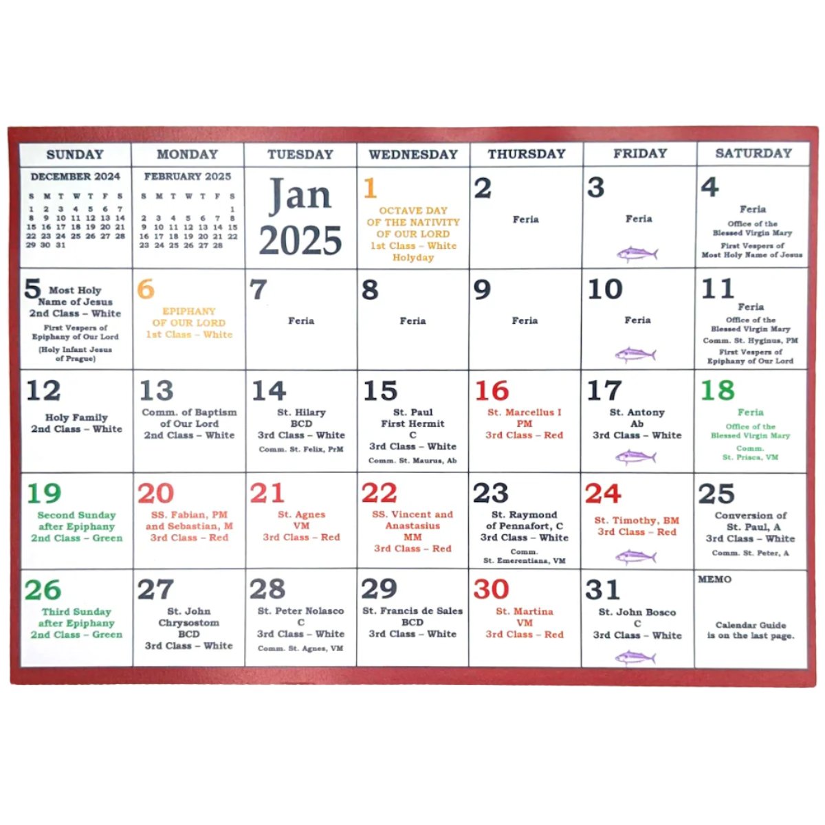 2025 Mini-Liturgical Calendar for TLM Missals