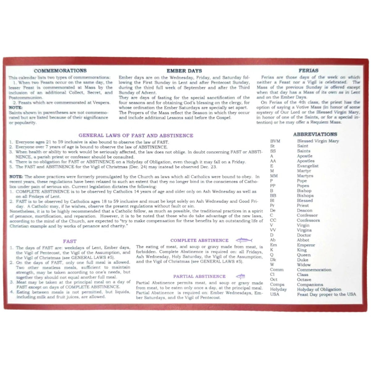 2025 Mini-Liturgical Calendar for TLM Missals